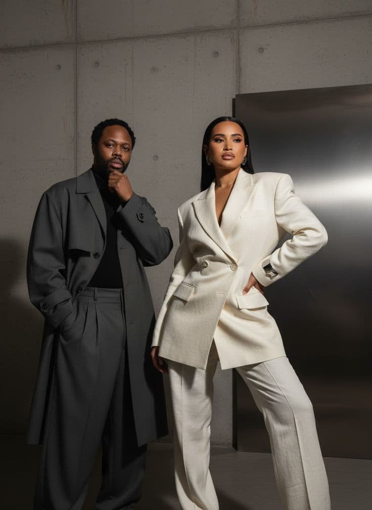 A man in a grey overcoat beside a woman in a cream suit