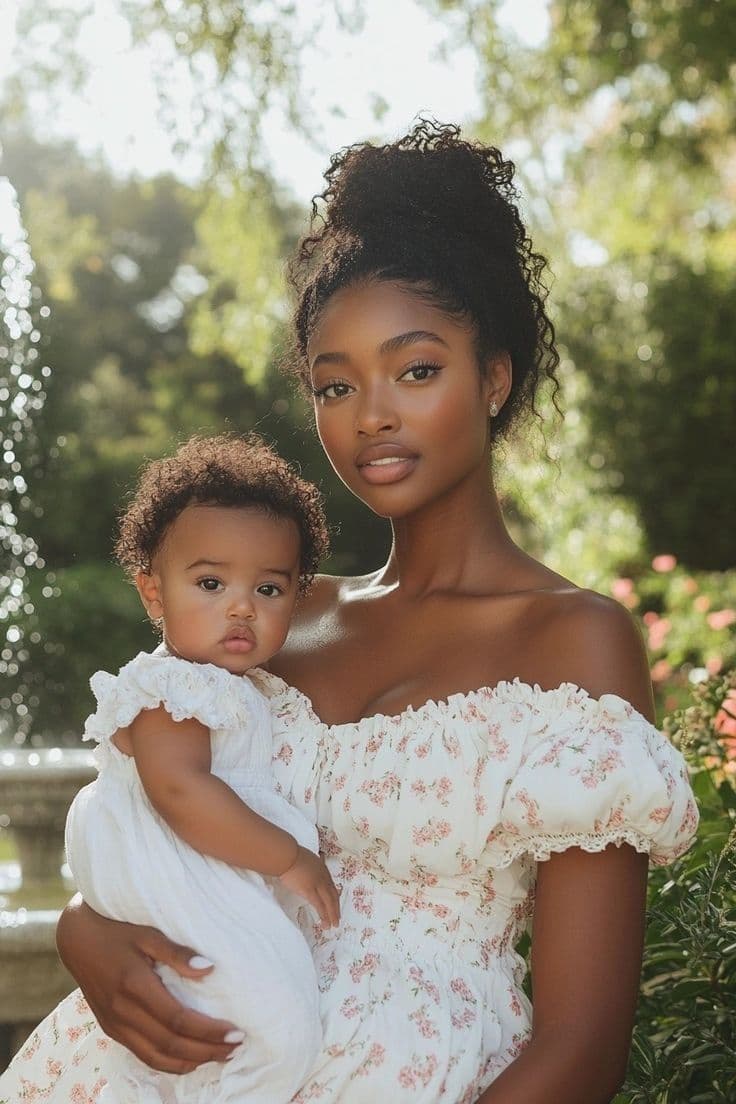 A mother holding her baby in a summer garden