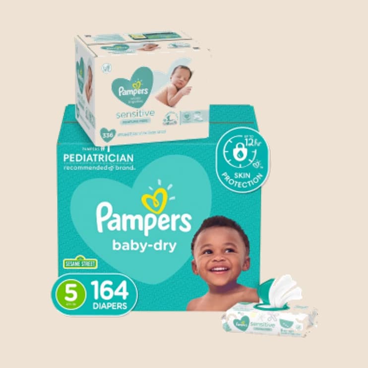 A carton of nappies beside packs of baby wipes